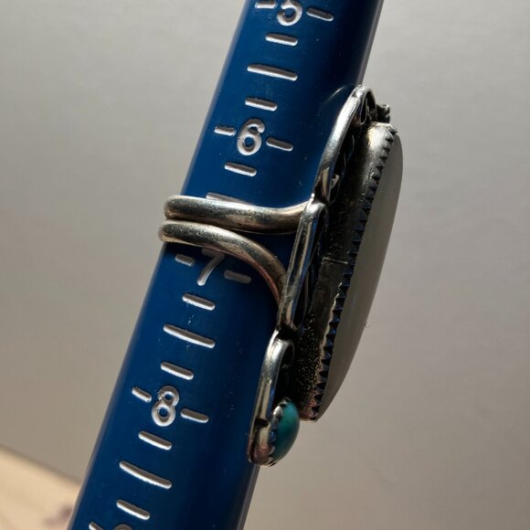 Vintage Navajo Signed Mother of Pearl Turquoise Sterling Long-line Ring - Picture 5 of 6